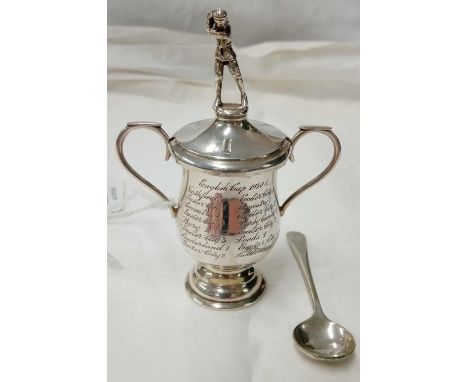 1931 EXETER CITY'S ENGLISH CUP RUN, SILVER TWIN HANDLED CUP WITH LID &amp; FINIAL - TOGETHER WITH 2 WHITE METAL COLOURED PILL