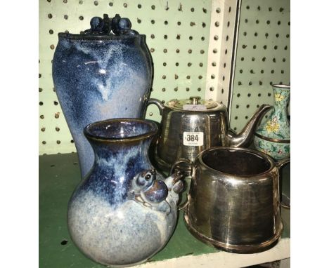 PLATED TEAPOT &amp; SUGAR BASIN, 2 POTTERY VASES