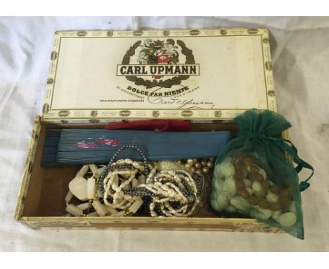 BOX OF COSTUME JEWELLERY WITH QTY NECKLACES, FAN, SCARF &amp; PAIR OF LITZ BINOCULARS IN BAG