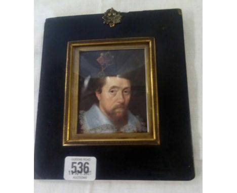 MINIATURE PORTRAIT OF JAMES 1ST IN ANTIQUE PAPIER MACHE AND BRASS FRAME  [PRINT?]
