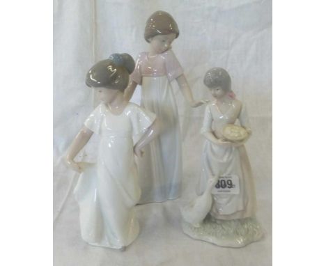 3 PORCELAIN FIGURINES, 2 BY NAO, TALLEST 10.5'' HIGH WITH DAMAGE TO LEFT HAND