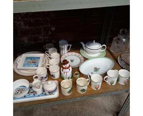 SHELF OF CHINAWARE INCL; 2 SPODE MUGS, TEA POT, PLATE &amp; SOME PIECES BY BILLEROY &amp; BOSCH