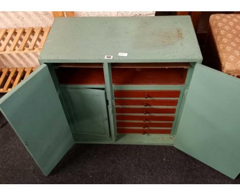 PAINTED WOODEN WORKSHOP CUPBOARD WITH 12 DRAWERS &amp; SHELF