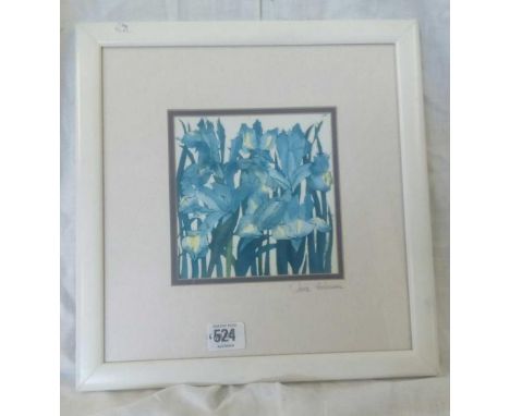 JANE HICKMAN SIGNED BATIK PRINT OF IRISES TOGETHER WITH A PAINTED WOODEN CUT OUT OF A SAILOR, INDISTINCTLY SIGNED ON THE REVE