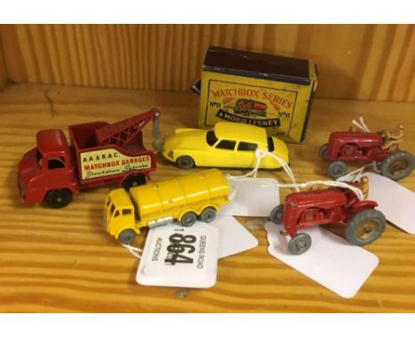MATCHBOX 1-75 SERIES.  1A ERF ROAD TANKER YELLOW BOXED. BOX FAIR, TANKER GOOD. 4A MASSEY HARRIS TRACTOR RED BODY WITH MUD GUA