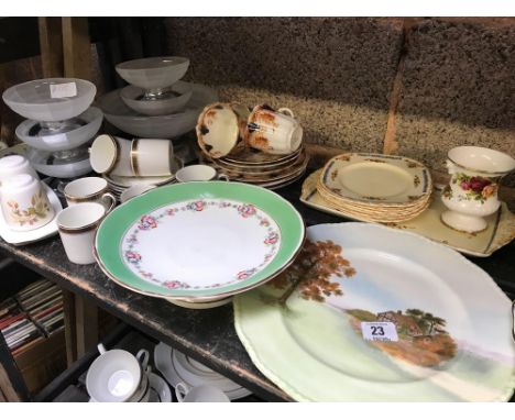 MIXED SHELF OF CHINAWARE, CUPS, SAUCERS PLATES ETC