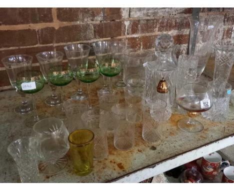 SHELF OF GLASSWARE INCL; DECANTER, GLASSES &amp; JUGS ETC