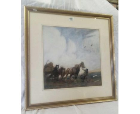 FIGURE LEADING CART HORSES WITH A HAY WAGON, INDISTINCTLY SIGNED WITH MONOGRAM 15'' X 15'' (PRINT ?)  