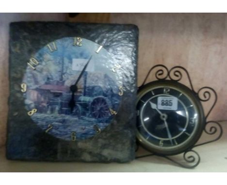 PERIOD MANTLE CLOCK IN METAL FRAME &amp; ANOTHER ON SLATE BASE WITH PICTURE OF A TRACTOR