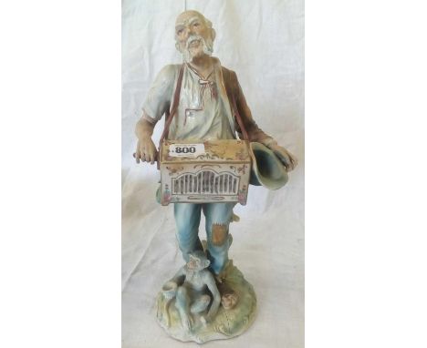 CHINA FIGURE OF AN ORGAN GRINDER WITH MONKEY AT HIS FEET, BASE CRACKED 13.5'' TALL &amp;  PLANTER