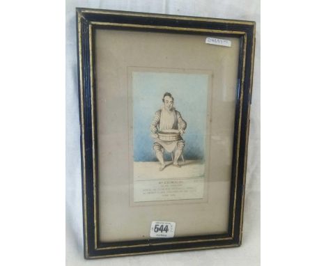 EARLY 19THC COLOUR PRINT ''MR GRIMALDI AS HE APPEARED WHEN HE TOOK HIS  FAREWELL BENEFIT AT THE DRURY LANE THEATRE JUNE 1828'