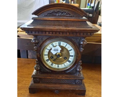 CARVED OAK GERMAN 14 DAY STRIKING MANTLE CLOCK WITH ENAMEL &amp; BRASS FACE