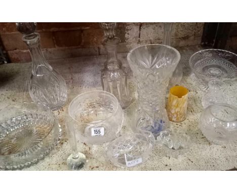 SHELF WITH QTY OF GLASSWARE INCL; DECANTERS, FRUIT BOWL, VASE ETC