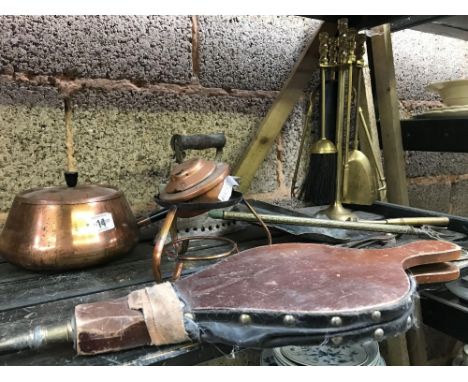 SHELF OF COPPER ITEMS INCL; A BELLOWS, &amp; BRASS COMPANION SET TOGETHER WITH A FLAT IRON