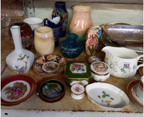 SHELF WITH QTY OF CHINAWARE INCL; VASES, PLATES ETC