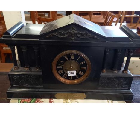 LARGE BLACK SLATE &amp; MARBLE STRIKING MANTLE CLOCK WITH CLASSICAL COLUMNS &amp; CARVING DATED 1895 - DAMAGE TO ONE CORNER