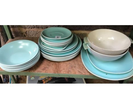 SHELF OF POOLE POTTERY, BOWLS, PLATES ETC