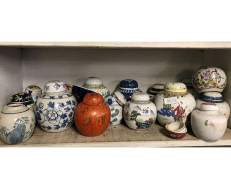 SHELF OF ORIENTAL JARS &amp; LIDS