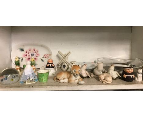 SHELF OF MIXED CHINAWARE INCL; ANIMAL FIGURES, NOVELTY BITS ETC