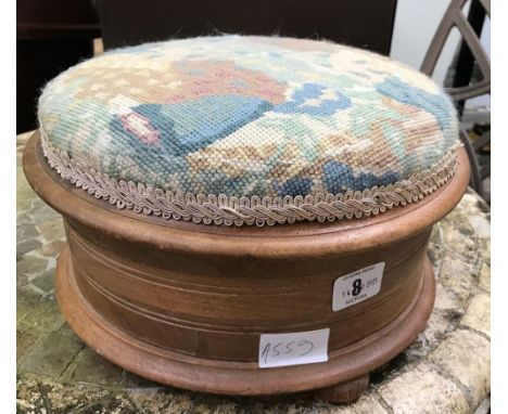 WOODEN CIRCULAR SEWING BOX WITH TAPESTRY TOP WITH COTTONS &amp; SCISSORS ETC