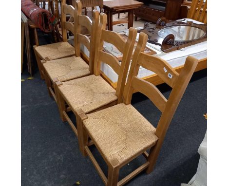 4 RAFFIA SEATED LADDER BACK PINE DINING CHAIRS