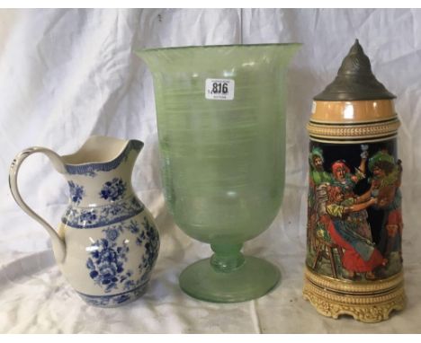 LARGE GLASS URN WITH GREEN DECORATION 12'' HIGH, GERMAN STEIN 12.5'' HIGH &amp; A POWELL-CRAFT BLUE &amp; WHITE WATER JUG 8.5