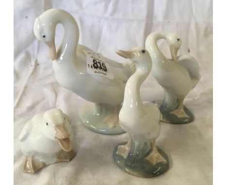 4 PORCELAIN FIGURES OF DUCK, 2 MARKED LLADRO, 2 MARKED NAO, TALLEST 5.5'' HIGH ALL UNDAMAGED