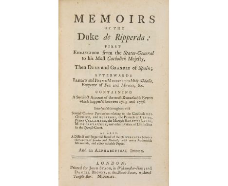 [Willem (Johan)] - Memoirs of the Duke de Ripperda...,  first edition , half-title, engraved head- and tail-pieces, ink inscr