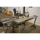 4.5" x 9' stainless steel table top conveyor with plastic belting, L-shaped layout with one 90