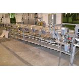 Stainless steel table top belt single filer with nine (9) belts, unit with (8) 4.5" plastic belts