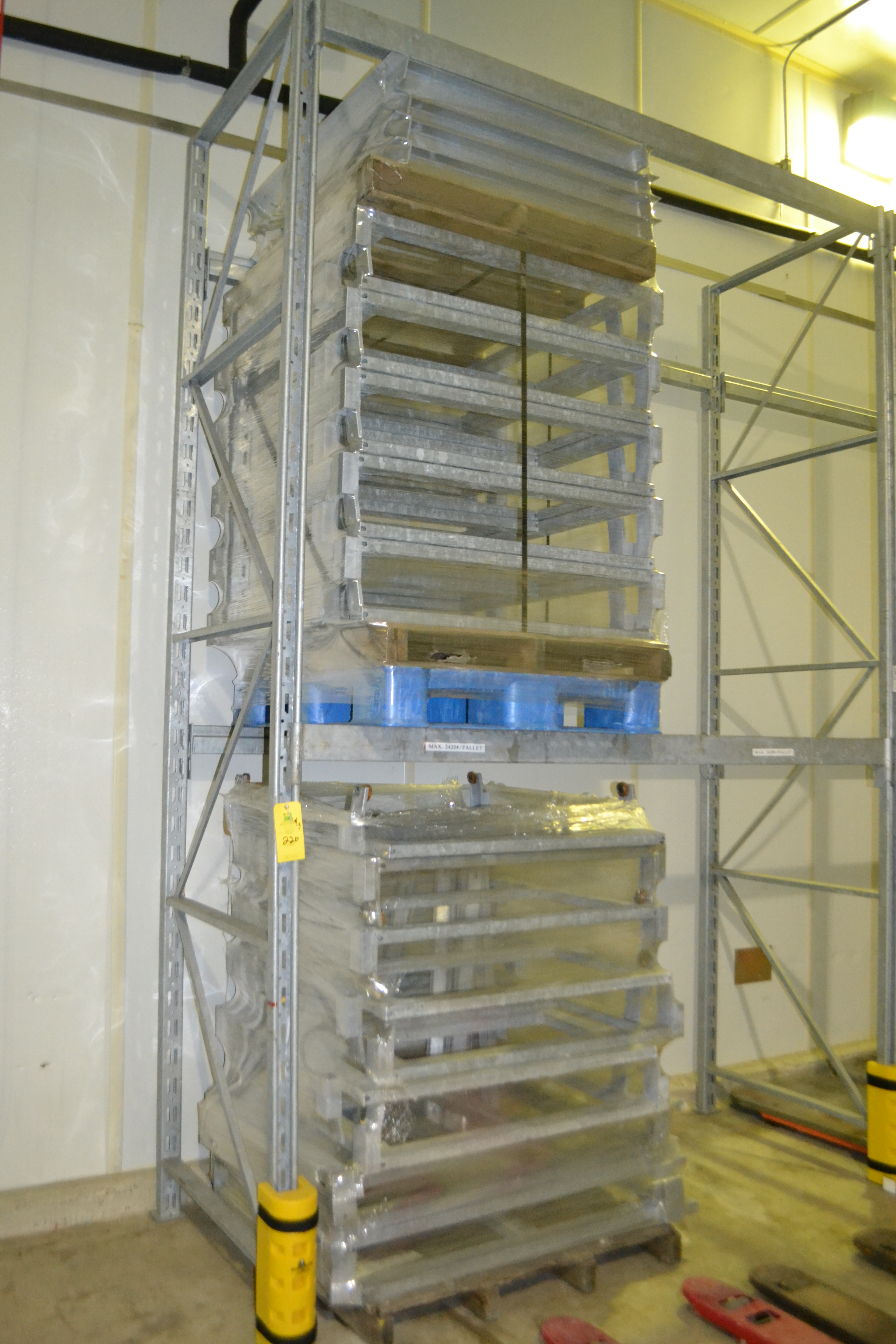 Freezer Room Racking, sloped rails with roller platforms, 19 bays x 2