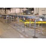 One lot of mass accumulation conveyors, all stainless steel with blue Rex belting, inline flow; 1)