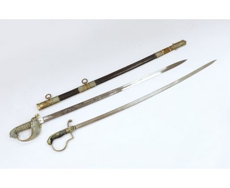 Victorian Royal Naval Reserves dress sword in brass and leather scabbard, blade 79.7cm and one other dress sword