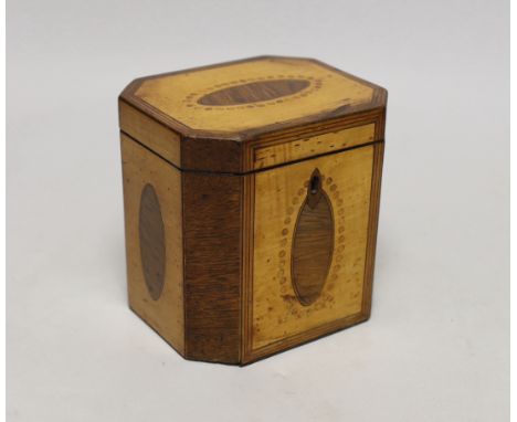 A George III sycamore and rosewood octagonal tea caddy, 13cm