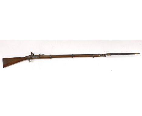 A .577 inch three band Enfield Military percussion rifle, lock stamped Tower 1868 with crown entail, regulation brass mounts,