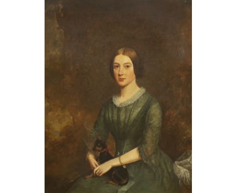 19th century English School, oil on canvas, Three quarter length portrait of a lady and her dog, 44 x 34cm, gilt framed
