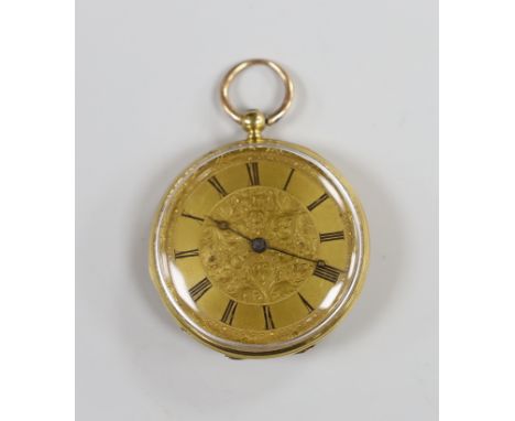 A lady's early 20th century continental 18k, two colour enamel and gem set open faced fob watch, with Roman dial, case diamet