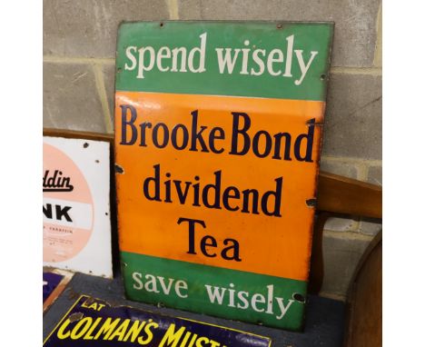 An original enamel advertising sign 'Spend Wisely/Save Wisely, Brooke Bond dividend Tea', width 51cm, height 75cm