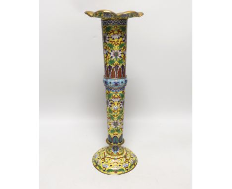 A Chinese yellow ground cloisonné enamel trumpet shaped vase , 35.5cm