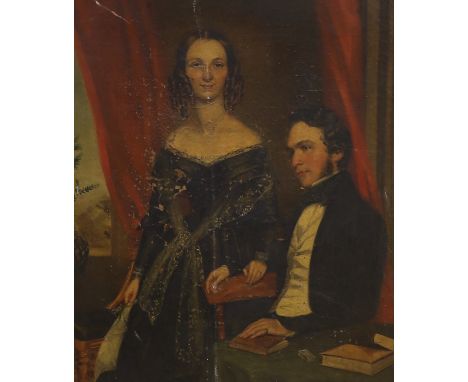 Mid 19th century English School, oil on canvas, Portrait of a lady and gentleman in an interior, 41 x 35cm, gilt framed