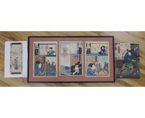 Utagawa Kunisada (1786-1865) Japanese woodblock Triptych, together with a similar example by the same artist and a print afte