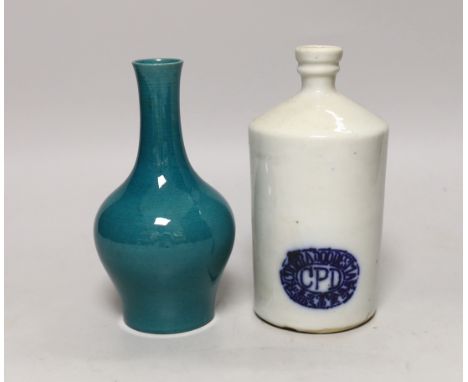 A Chinese green monochrome vase and a flask, tallest 17cm