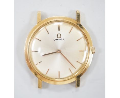 A gentleman's yellow metal Omega manual wind dress wrist watch, no strap, box or papers, case diameter 32mm.