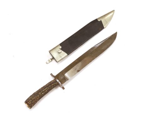 A Victorian Bowie knife, by Lund, Cornhill London, with horn handle and leather scabbard, blade 30.2cm