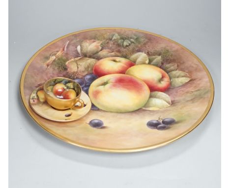 A large fruit painted dish by R. Budd and a Royal Worcester fruit painted miniature tea cup and saucer painted by F Harper an