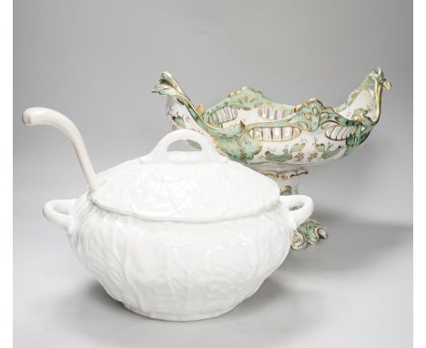 A Coalport tureen, similar ladle and a Victorian pedestal bowl or centrepiece, the largest 35cm wide