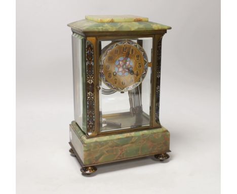 An early 20th century French onyx and champleve enamel four glass mantel clock, 31cm