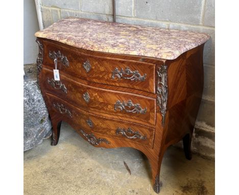 A Louis XV style marquetry inlaid kingwood marble top bombe commode, width 104cm, depth 46cm, height 88cm