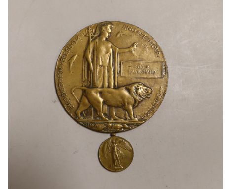 A WWI death plaque and victory medal awarded to Private Roger Havenhand, Yorkshire Light Infantry