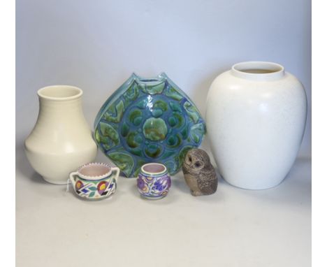 Six Poole pottery items including three vases, two miniature pots and an owl, tallest vase 22cm